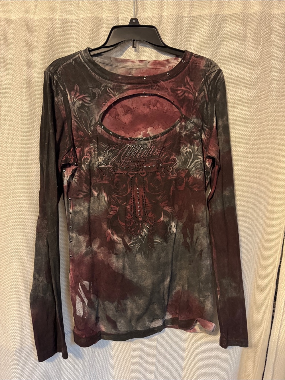 Affliction Women's Long Sleeve Distressed Cutout Top - Burgundy & Charcoal